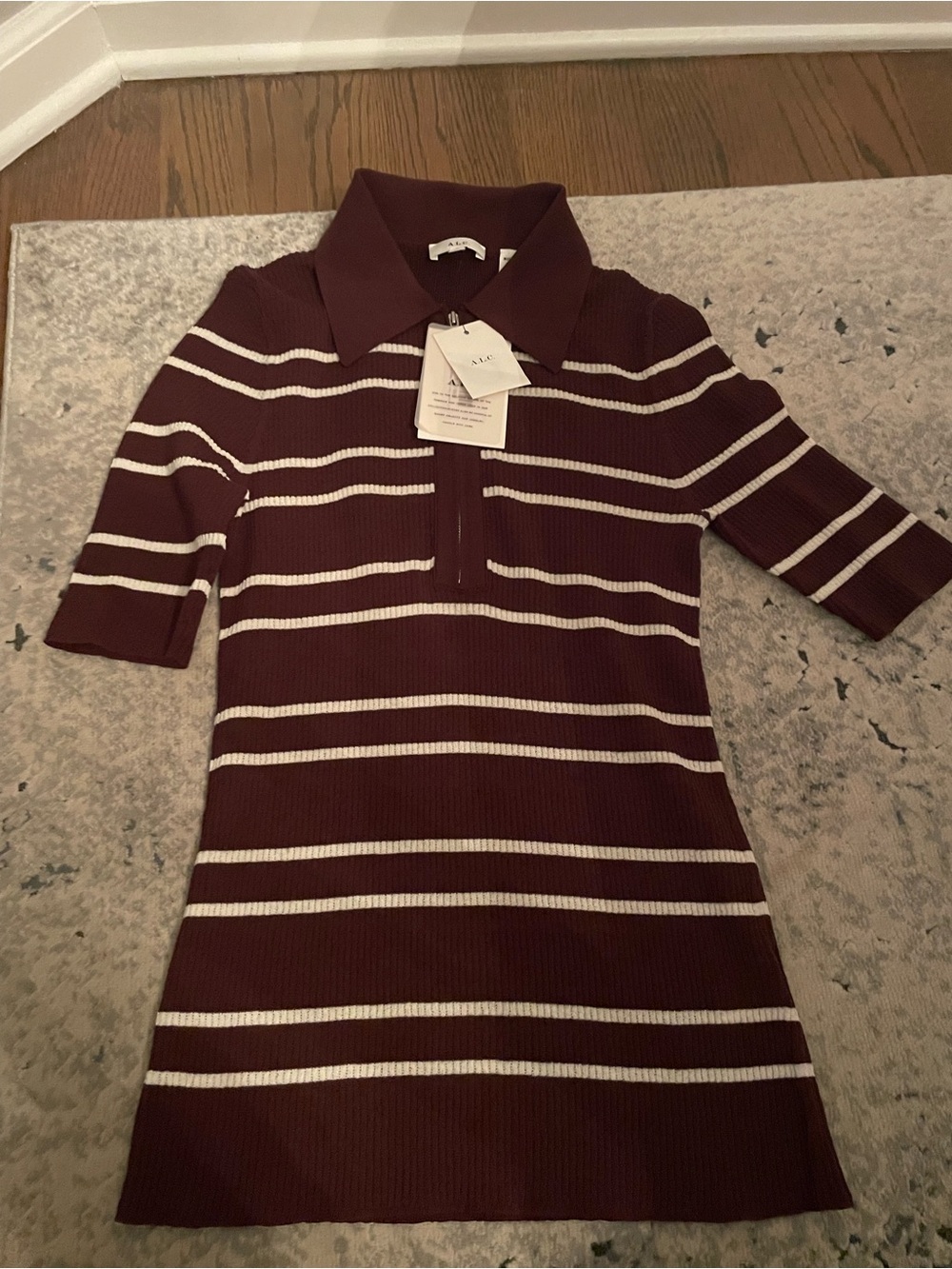 A.L.C. Burgundy and Cream Striped Polo Knit Top